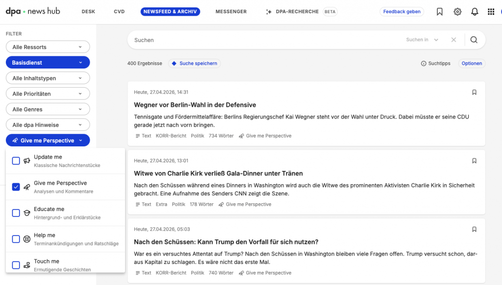 Im dpa-News Hub sind die Inhalte zu den einzelnen User Needs über das Hauptmenü (links) mit einem einfachen Klick abrufbar. 