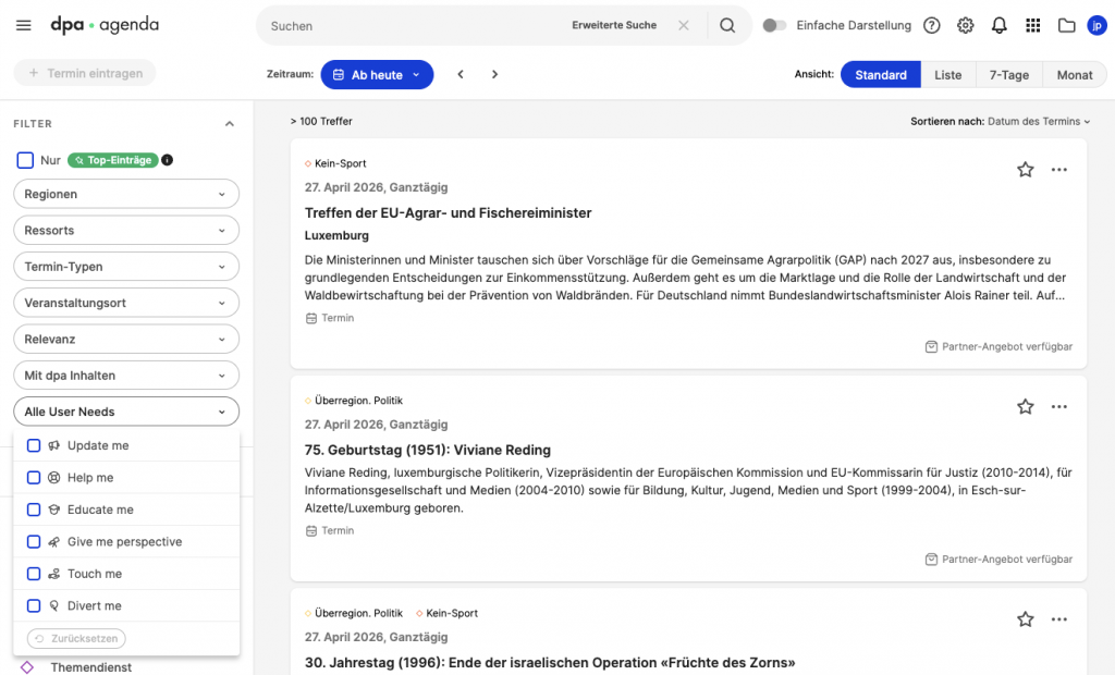Ebenso können die Inhalte unseres Planungstools dpa-Agenda nach User-Needs kategorisiert werden.